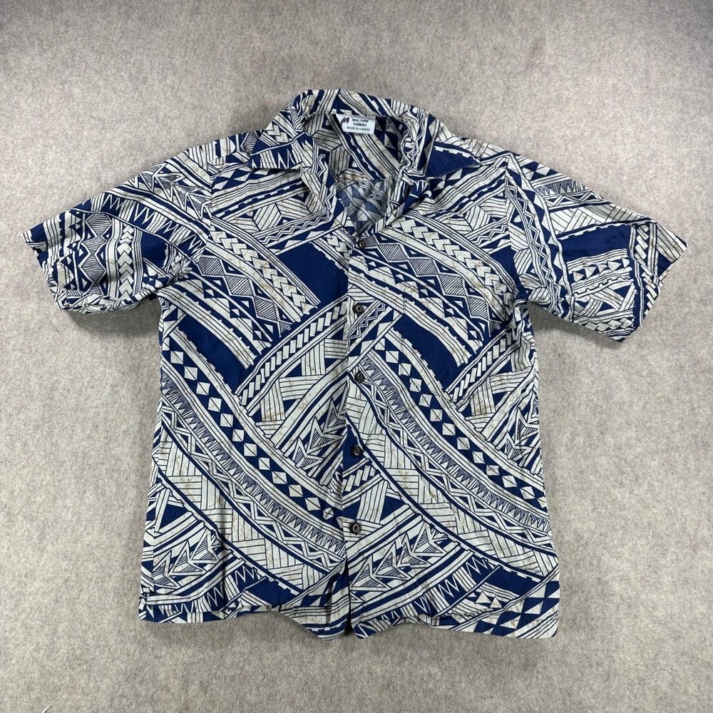 Malihini Hawaii Mens Vintage Tribal Hawaiian Aloha Shirt Navy Cream Size Medium
